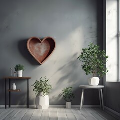 room with a heart shaped in wall and a_vase, generative AI