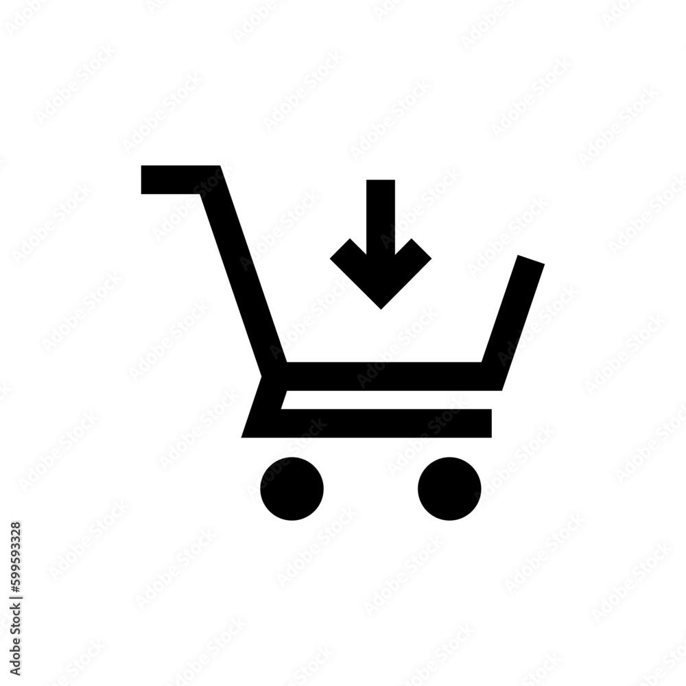 Poster add to shopping cart icon, shop basket symbol with arrow down icon symbol . line outline