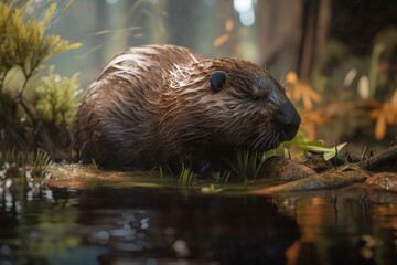 Illustration of a beaver beside a pond, Generative AI.