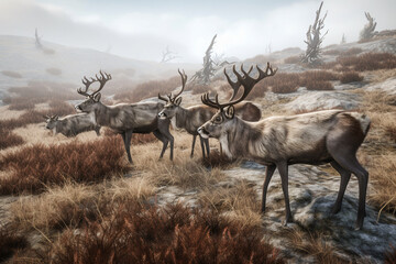 Illustration of caribou on the tundra of a sub arctic region. Generative AI. 