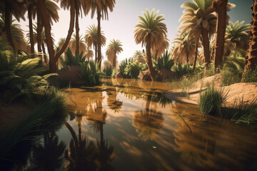 Illustration of a desert oasis with palm trees. Generative AI.