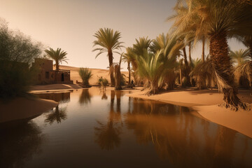 Fototapeta premium Illustration of a desert oasis with palm trees. Generative AI.