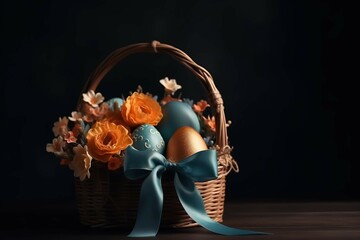 Easter egg and flower bouquet, orange and turquoise, generative AI