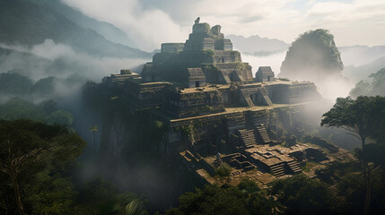 Illustration of the  ruins of a Mayan city in the mountains. Generative AI.