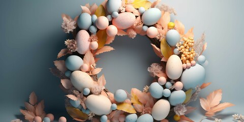 Easter egg wreath with flowers and leaves, Generative AI