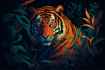 Tiger in the jungle, framed by leaves, woodcarving style, in neon colors