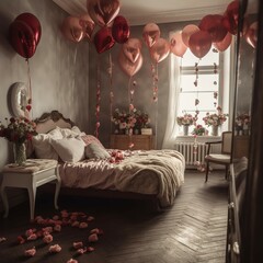 Interior of bedroom decorated for Valentines Day, generative AI