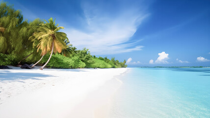 Fototapeta na wymiar Beautiful tropical beach with white sand, palm trees, turquoise ocean against blue sky, tropical summer concept. AI generated