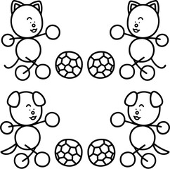Obraz premium サッカーをするわんまるとにゃんまるの線画セット 犬 猫