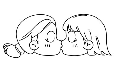 Dos chicas besándose. Dos mujeres estando muy cerca. Dibujo de línea de dos chicas.
