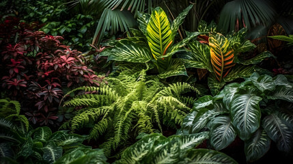 みずみずしく、多彩に： 南国の葉物植物の美しい組み合わせ No.009 | Lush and Varied: A Beautiful Combination of Tropical Foliage Plants Generative AI