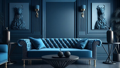 Modern living room with sofa, blue chic modern luxury aesthetics style living room, Generative AI