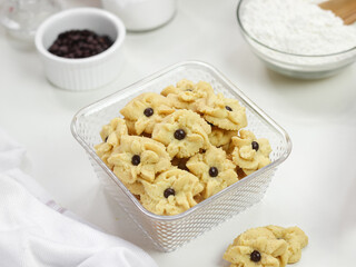 Kue Semprit or Semprit Cookies with chocolate chips on top. These cookies commonly served for Idul Fitri or Lebaran