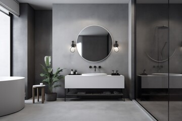 concrete home mirror floor sink design interior room luxury gray bathroom. Generative AI.