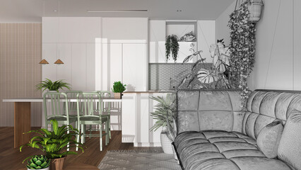 Architect interior designer concept: hand-drawn draft unfinished project that becomes real, urban jungle, living room and dining room. Home garden style. Biophilia concept