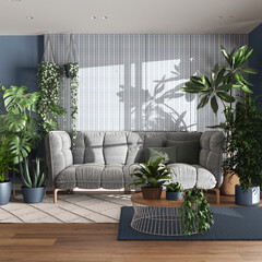 Urban jungle, living room with velvet sofa in white and blue tones. Carpets with table, parquet floor and houseplants. Home garden interior design. Love for plants concept