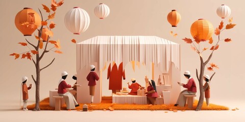 Miniature people, Mid Autumn poster, blank banner, generative AI