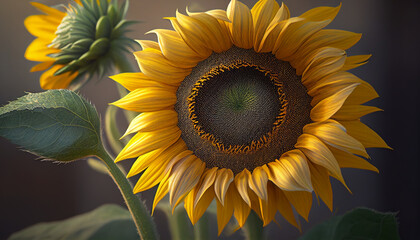 Close up of a sunflower with dark background, fantastic sunflower in closeup, Generative AI