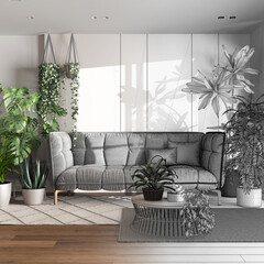 Architect interior designer concept: hand-drawn draft unfinished project that becomes real, urban jungle, living room with sofa. Home garden style. Love for plants concept