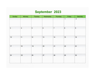 The September 2023 Calendar page for 2023 year isolated on white background, Save clipping path.