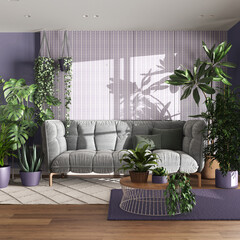 Fototapeta na wymiar Urban jungle, living room with velvet sofa in white and purple tones. Carpets with table, parquet floor and houseplants. Home garden interior design. Love for plants concept