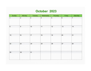 The October 2023 Calendar page for 2023 year isolated on white background, Save clipping path.