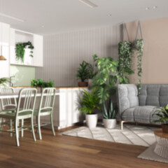Blurred background, home garden, dining and living room. Island with chairs, parquet and mani houseplants. Urban jungle interior design. Biophilia concept