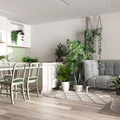 Home garden, dining and living room in white and bleached tones. Island with chairs, parquet and mani houseplants. Urban jungle interior design. Biophilia concept