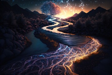 Fantasy landscape with river and trees