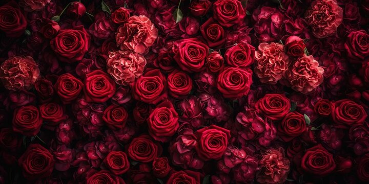 Natural red roses background flowers wall, generative AI