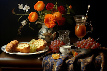 Fototapeta na wymiar Still life classical vintage baroque style breakfast with bread, grapes, orange, cream and flowers on dark background