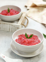 Bubur sagu mutiara, Indonesian dessert, made from sagu mutiara (pearls sago), coconut milk, sugar, pandanus leaves. Very famous during Ramadhan. Iftar food.