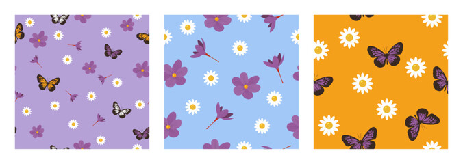 Fototapeta na wymiar Set of seamless pattern with flowers, butterflies, crocus, daisy. Floral summer, spring illustration for textile, paper, fabric, background, print design. Vector 