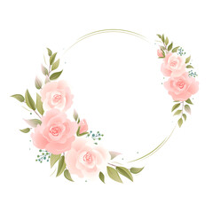 Pink flowers and leaves. Light romantic floral wreath for wedding card design, invitations, Save the date