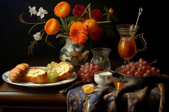 Still life classical vintage baroque style breakfast with bread, grapes, orange, cream and flowers on dark background