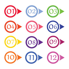 Vector illustration of circle arrow number bullet points from one to twelve 