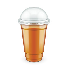 Mockup Filled Disposable Plastic Cup With Lid. Coffee, Java, Tea, Cappuccino, Chocolate, Cola Fresh Drink Juice. Transparent. Illustration Isolated On White Background Mock Up Template.