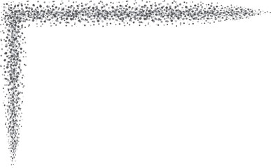 L-shaped linear border with small faded dots, gray. An L-shaped corner to use as a border for your designs, made with messy, irregular grey dots.