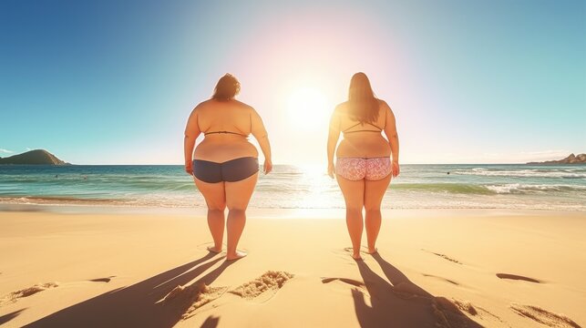 Female friends couple with obesity walks along seacoast at sandy beach, beautiful sunlight on seashore, rear view to very fat body positive lesbian couple in swimsuits not shy, generative AI