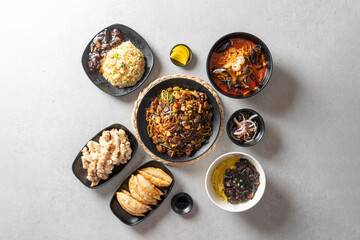 sweet and sour pork Korean food dish jajangmyeon, black-bean-sauce noodles jjamppong, Chinese-style noodles with vegetables and seafood fried dumpling fried rice Chinese fried rice