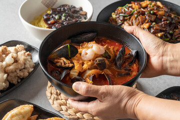 sweet and sour pork Korean food dish jajangmyeon, black-bean-sauce noodles jjamppong, Chinese-style noodles with vegetables and seafood fried dumpling fried rice Chinese fried rice