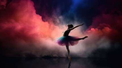 Female ballet dancer silhouette on dreamlike multicolored clouds background, prima ballerina assoluta dancing on stage of theater, beautiful smooth movements of ballet performer, generative AI