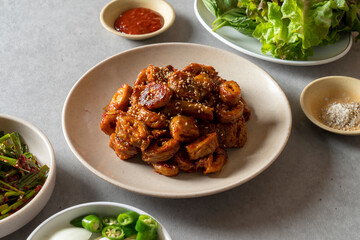 Korean food dish meal Grilled beef entrails with salt Grilled beef entrails