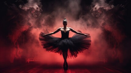 Female ballet dancer silhouette in red smoke on dark background, prima ballerina assoluta dancing on stage of theater, smooth movements of ballet woman performer in black red tutu dress, generative AI