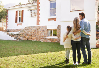 New house, love or happy family hug for real estate, property or dream home purchase, sale or...