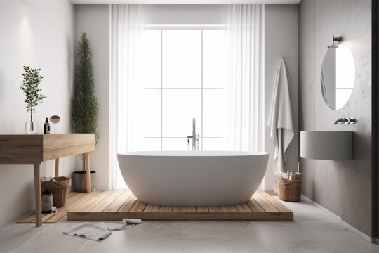 house contemporary luxury wood home white architecture interior modern bathtub bathroom. Generative AI.