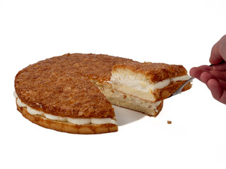 Bee sting cake, light cake with cream filling, with crispy almonds.