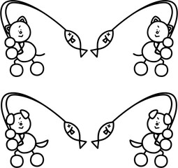 魚を釣り上げるわんまるとにゃんまるの線画セット　犬　猫