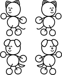 歩くわんまるとにゃんまるの線画セット　犬　猫