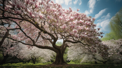 Magnificent Magnolia Tree in a Serene Sky. Generative AI